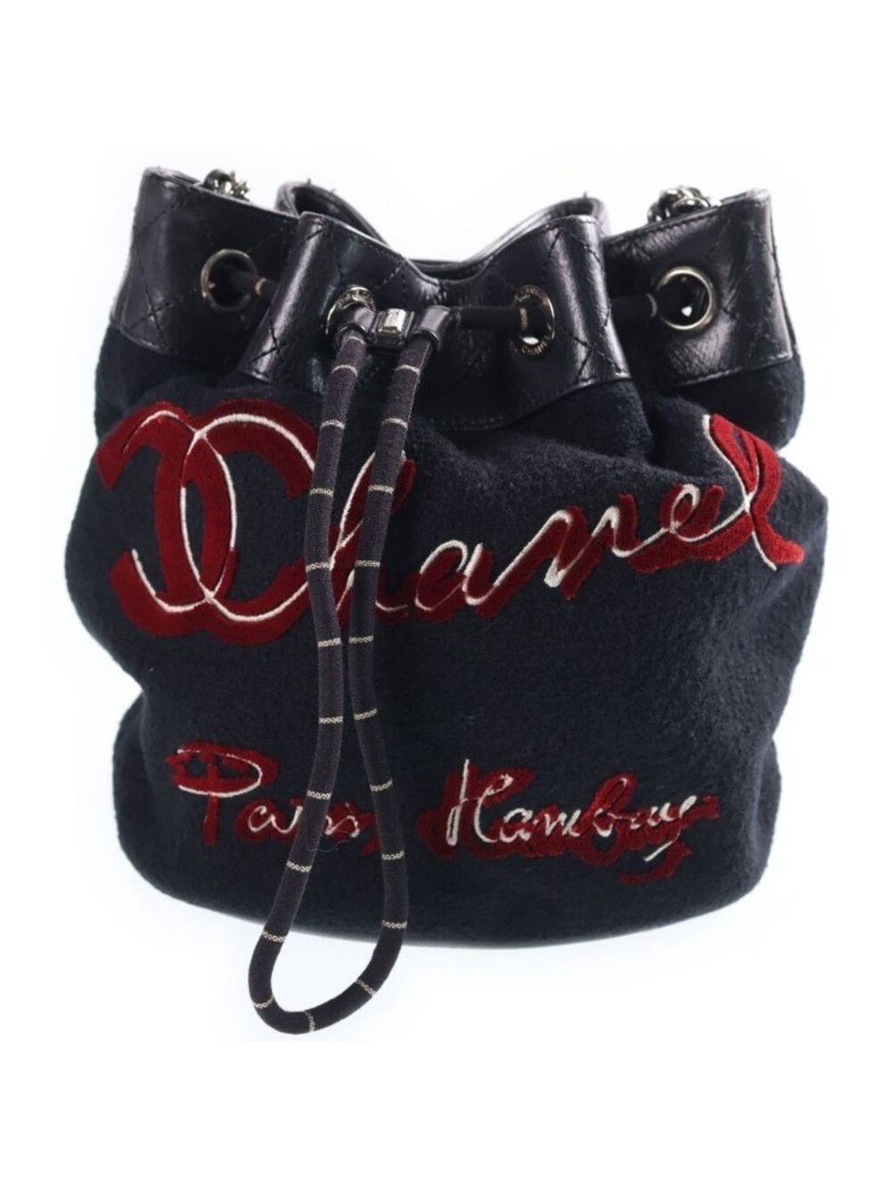 Chanel CC Logo Embroidery Wool Chain Shoulder Bag Black Red